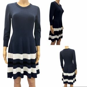 Vince Camuto Navy Striped Fit & Flare Sweater Dress Womens Small